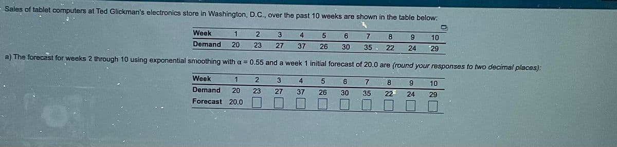 - Sales of tablet computers at Ted Glickman's electronics store in Washington, D.C., over the past 10 weeks are shown in the table below:
6
10
Week
1
Demand 20
2 3
23 27
4 5
37 26
7 8 9
30 35 22 24 29
a) The forecast for weeks 2 through 10 using exponential smoothing with a = 0.55 and a week 1 initial forecast of 20.0 are (round your responses to two decimal places):
Week
1
Demand 20
Forecast 20.0
2 3
23 27
4
37
5
26
6
30
7
35
8
22
9
24
10
29