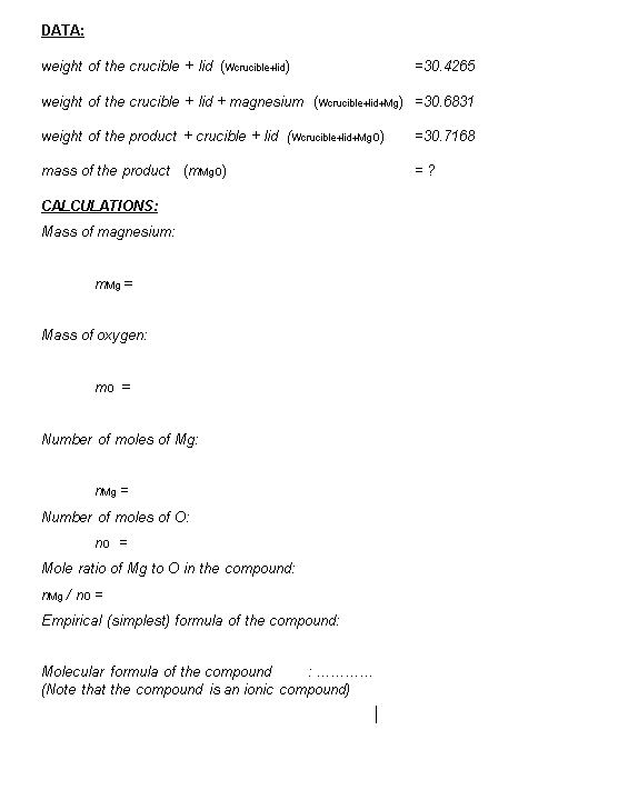 DATA:
weight of the crucible + lid (Worucibletlid)
=30.4265
weight of the crucible + lid + magnesium (Worucible-tlid+Mg) =30.6831
weight of the product + crucible + id (Werucible-tid+Mg 0)
=30.7168
mass of the product (mMgo)
= ?
CALCULATIONS:
Mass of magnesium:
mMg =
Mass of oxygen:
mo =
Number of moles of Mg:
PMg =
Number of moles of O:
no =
Mole ratio of Mg to O in the compound:
rMg / no =
Empirical (simplest) formula of the compound:
Molecular formula of the compound
(Note that the compound is an ionic compound)
|
