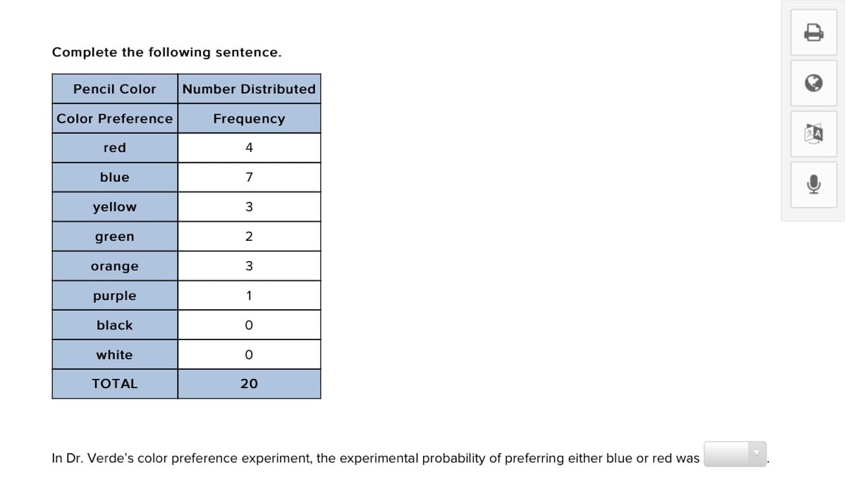 Complete the following sentence.
Pencil Color
Number Distributed
Color Preference
Frequency
red
blue
7
yellow
green
2
orange
3
purple
1
black
white
TOTAL
20
In Dr. Verde's color preference experiment, the experimental probability of preferring either blue or red was
