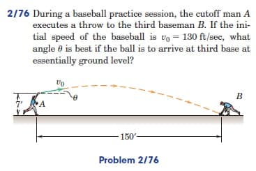 2/76 During a baseball practice session, the cutoff man A
executes a throw to the third baseman B. If the ini-
tial speed of the baseball is vo= 130 ft/sec, what
angle is best if the ball is to arrive at third base at
essentially ground level?
10
B
A
150'
Problem 2/76