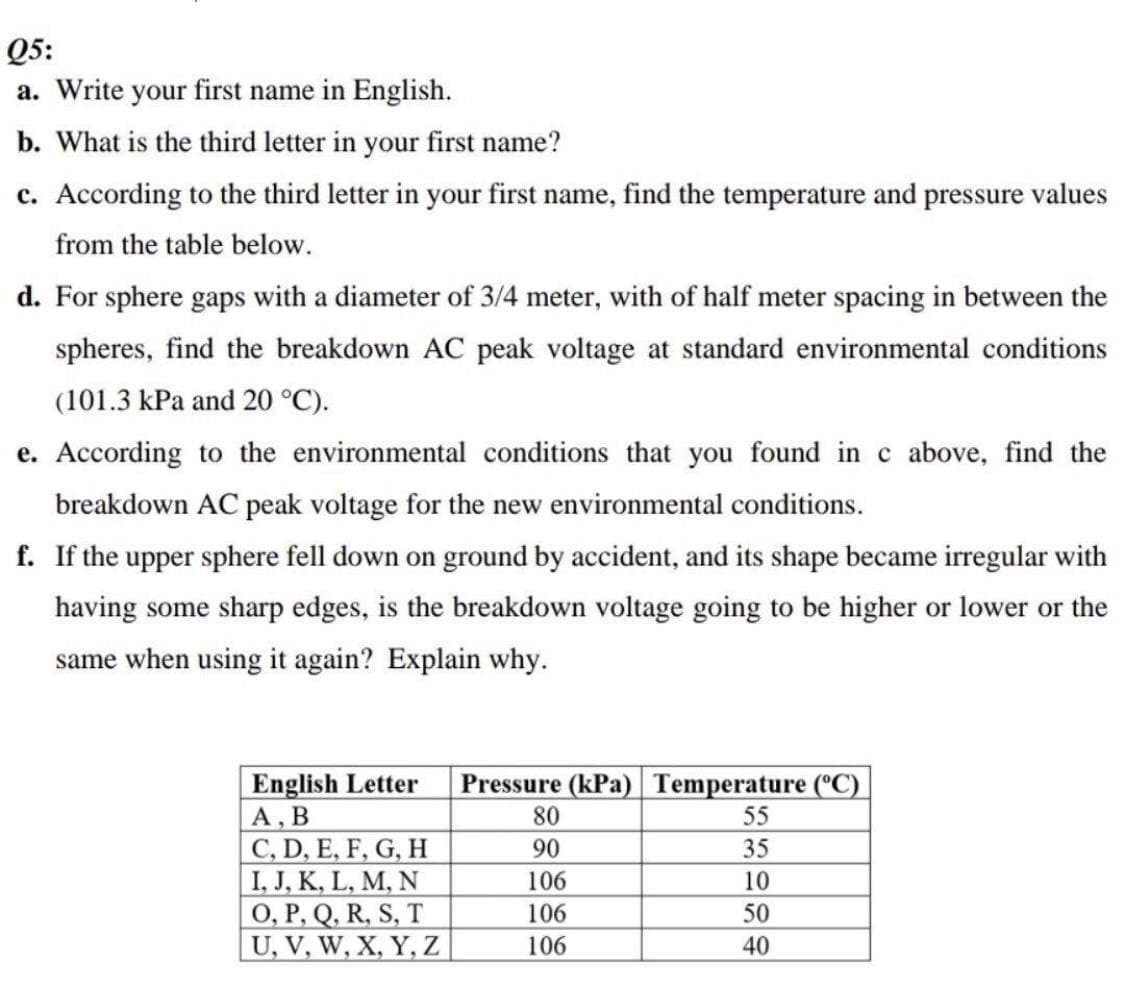 Q5:
a. Write your first name in English.
b. What is the third letter in your first name?
c. According to the third letter in your first name, find the temperature and pressure values
from the table below.
d. For sphere gaps with a diameter of 3/4 meter, with of half meter spacing in between the
spheres, find the breakdown AC peak voltage at standard environmental conditions
(101.3 kPa and 20 °C).
e. According to the environmental conditions that you found in c above, find the
breakdown AC peak voltage for the new environmental conditions.
f. If the upper sphere fell down on ground by accident, and its shape became irregular with
having some sharp edges, is the breakdown voltage going to be higher or lower or the
same when using it again? Explain why.
English Letter
А, В
C, D, E, F, G, H
I, J, K, L, M, N
O, P, Q, R, S, T
U, V, W, X, Y, Z
Pressure (kPa) Temperature (°C)
80
55
90
35
106
10
106
50
106
40
