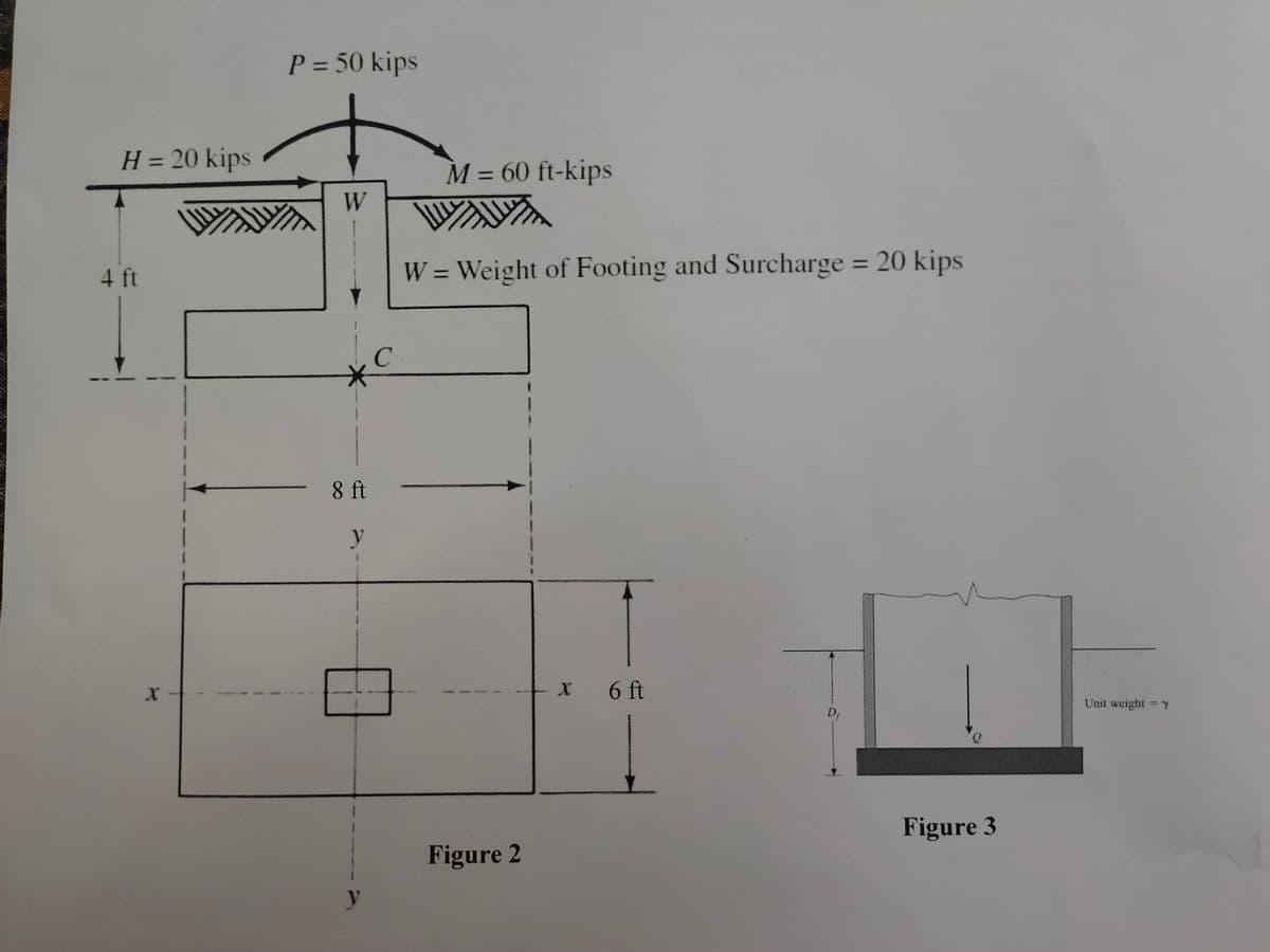 H = 20 kips
4 ft
X
P = 50 kips
W
8 ft
y
M = 60 ft-kips
WY
W = Weight of Footing and Surcharge = 20 kips
Figure 2
x 6 ft
D₁
Figure 3
Unit weight = 7