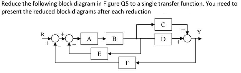 Reduce the following block diagram in Figure Q5 to a single transfer function. You need to
present the reduced block diagrams after each reduction
R
A
E
B
F
с
D
+
+