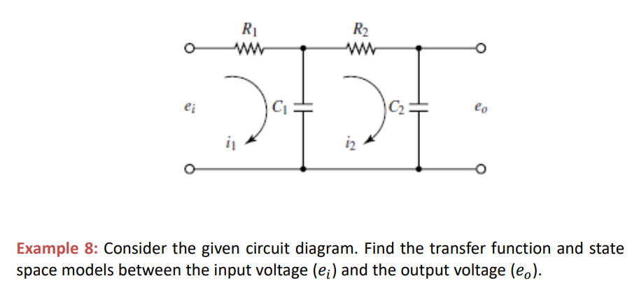 R1
R2
Ww
अञ
C₁
C2:
12
ei
i₁
eo
Example 8: Consider the given circuit diagram. Find the transfer function and state
space models between the input voltage (ei ) and the output voltage (eo).