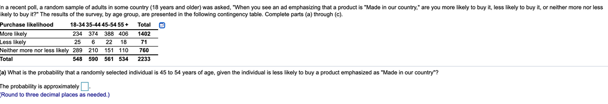 In a recent poll, a random sample of adults in some country (18 years and older) was asked, "When you see an ad emphasizing that a product is 'Made in our country,' are you more likely to buy it, less likely to buy it, or neither more nor less likely to buy it?" The results of the survey, by age group, are presented in the following contingency table. Complete parts (a) through (c).

| Purchase Likelihood     | 18-34 | 35-44 | 45-54 | 55 + | **Total**  |
|-------------------------|-------|-------|-------|------|------------|
| **More likely**         | 234   | 374   | 388   | 406  | **1402**   |
| **Less likely**         | 25    | 6     | 22    | 18   | **71**     |
| **Neither more nor less likely** | 289   | 210   | 151   | 110  | **760**    |
| **Total**               | 548   | 590   | 561   | 534  | **2233**   |

**Part (a)**

What is the probability that a randomly selected individual is 45 to 54 years of age, given the individual is less likely to buy a product emphasized as "Made in our country"?

The probability is approximately _____.
[Round to three decimal places as needed.]