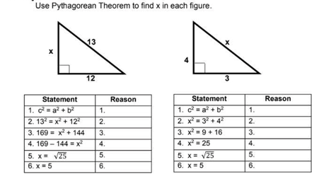 Use Pythagorean Theorem to find x in each figure.
13
4
12
3
Statement
Reason
Statement
Reason
1. c = a + b
2. 13 = x + 12
3. 169 = x + 144
4. 169 - 144 = x
1. c= a + b?
2. x = 3? + 4?
3. x = 9 + 16
4. x = 25
1.
1.
2.
2.
%3D
3.
3.
%3D
4.
4.
5. x- V25
6. x = 5
5. x= V25
5.
5.
6. x = 5
6.
6.
