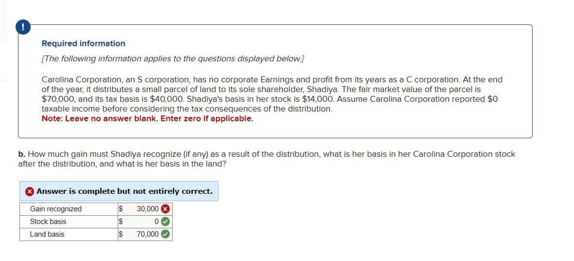 !
Required information
[The following information applies to the questions displayed below.]
Carolina Corporation, an S corporation, has no corporate Earnings and profit from its years as a C corporation. At the end
of the year, it distributes a small parcel of land to its sole shareholder, Shadiya. The fair market value of the parcel is
$70,000, and its tax basis is $40,000. Shadiya's basis in her stock is $14,000. Assume Carolina Corporation reported $0
taxable income before considering the tax consequences of the distribution.
Note: Leave no answer blank. Enter zero if applicable.
b. How much gain must Shadiya recognize (if any) as a result of the distribution, what is her basis in her Carolina Corporation stock
after the distribution, and what is her basis in the land?
Answer is complete but not entirely correct.
Gain recognized
$
30,000 ×
Stock basis
$
0
Land basis
$
70,000