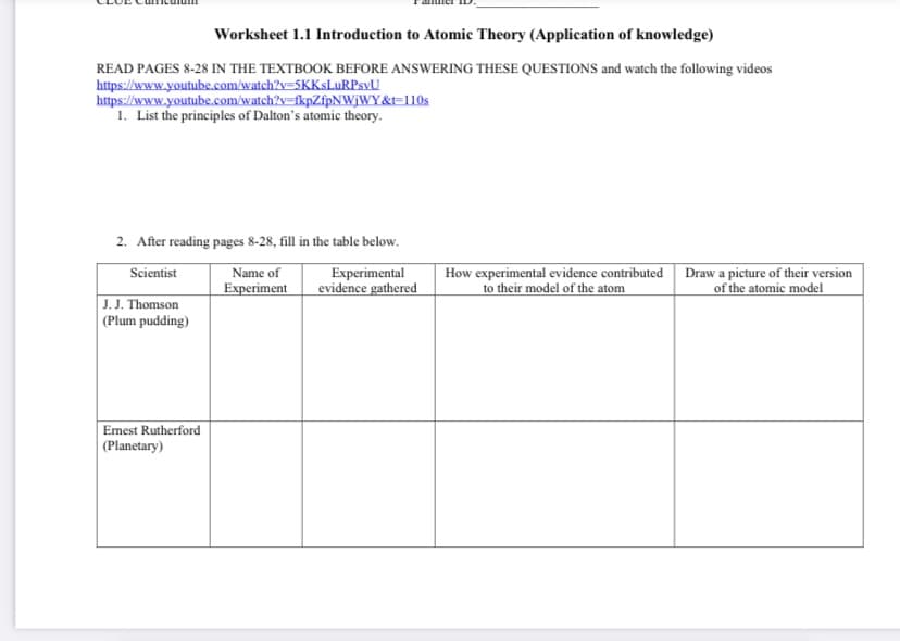 Worksheet 1.1 Introduction to Atomic Theory (Application of knowledge)
READ PAGES 8-28 IN THE TEXTBOOK BEFORE ANSWERING THESE QUESTIONS and watch the following videos
https://www.youtube.com/watch?v=5KKsLuRPsyU
https://www.youtube.com/watch?v=fkpZfpNWjWY&t=110s
1. List the principles of Dalton's atomic theory.
2. After reading pages 8-28, fill in the table below.
How experimental evidence contributed
to their model of the atom
Scientist
Experimental
evidence gathered
Draw a picture of their version
of the atomic model
Name of
Experiment
J. J. Thomson
|(Plum pudding)
Emest Rutherford
|(Planetary)
