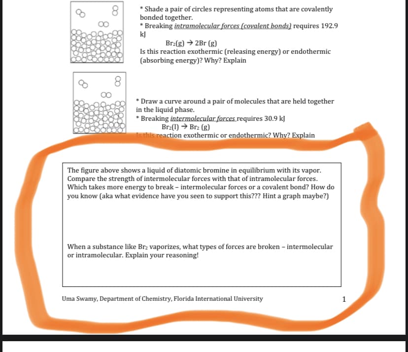 * Shade a pair of circles representing atoms that are covalently
bonded together.
* Breaking intramolecular forces (covalent bonds) requires 192.9
kJ
8.
Brz(g) → 2Br (g)
Is this reaction exothermic (releasing energy) or endothermic
(absorbing energy)? Why? Explain
8.
* Draw a curve around a pair of molecules that are held together
in the liquid phase.
* Breaking intermolecular forces requires 30.9 kJ
Brz(1) → Brz (g)
Is this reaction exothermic or endothermic? Why? Explain
The figure above shows a liquid of diatomic bromine in equilibrium with its vapor.
Compare the strength of intermolecular forces with that of intramolecular forces.
Which takes more energy to break - intermolecular forces or a covalent bond? How do
you know (aka what evidence have you seen to support this??? Hint a graph maybe?)
When a substance like Brz vaporizes, what types of forces are broken – intermolecular
or intramolecular. Explain your reasoning!
Uma Swamy, Department of Chemistry, Florida International University
1
