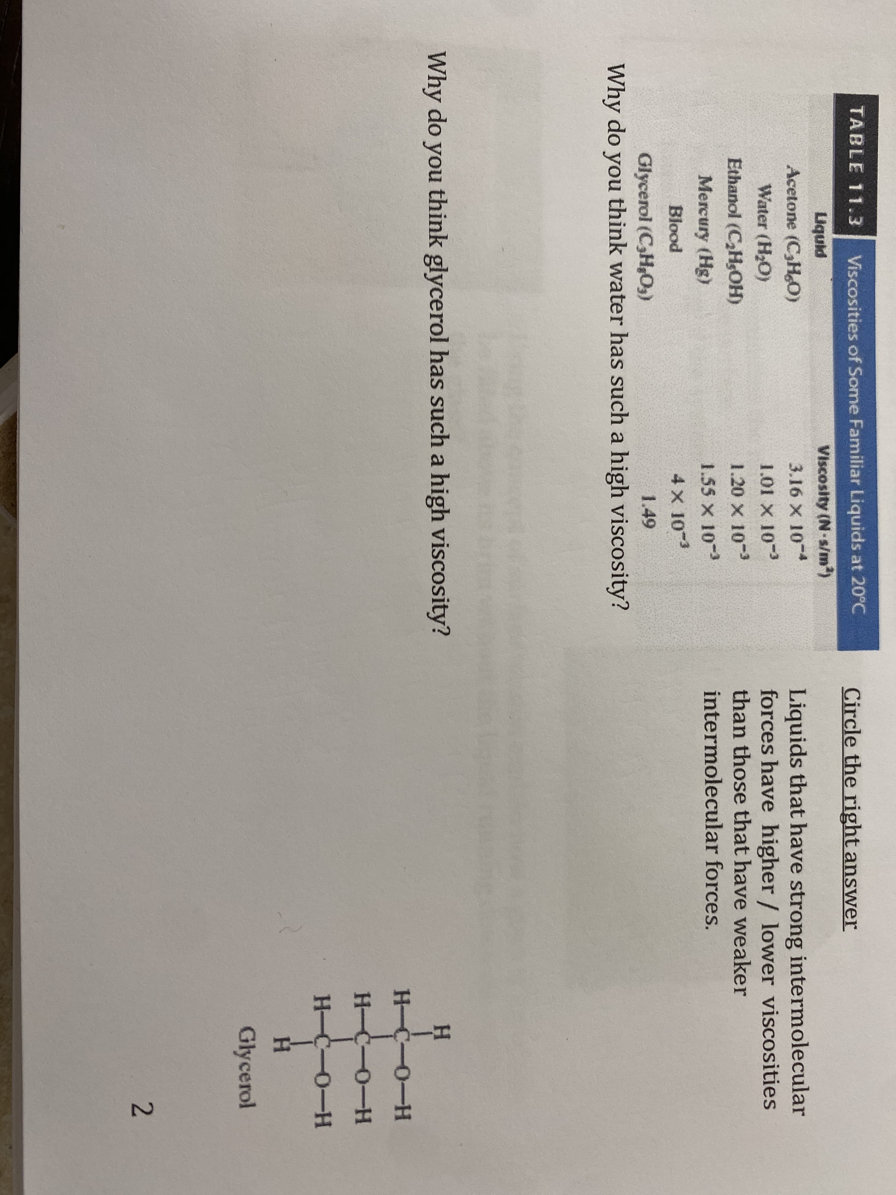 TABLE 11.3
Viscosities of Some Familiar Liquids at 20°C
Circle the right answer
Liquid
Viscosity (N-s/m)
Liquids that have strong intermolecular
forces have higher / lower viscosities
than those that have weaker
Acetone (C,H
3.16 X 10 4
Water (H2O)
1.01 X 103
Ethanol (C,HOH)
1.20 X 10-3
Mercury (Hg)
1.55 x 10-3
intermolecular forces.
Blood
4 x 10-3
Glycerol (C,H,O3)
1.49
Why do you think water has such a high viscosity?
Why do you think glycerol has such a high viscosity?
H.
H-C-0-H
H-C-0-H
H-C-O-H
H.
Glycerol
