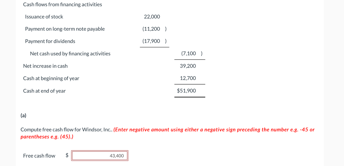 Cash flows from financing activities
Issuance of stock
Payment on long-term note payable
Payment for dividends
Net cash used by financing activities
Net increase in cash
Cash at beginning of year
Cash at end of year
(a)
Free cash flow $
22,000
(11,200 )
(17,900
)
43,400
(7,100 )
39,200
12,700
Compute free cash flow for Windsor, Inc.. (Enter negative amount using either a negative sign preceding the number e.g. -45 or
parentheses e.g. (45).)
$51,900