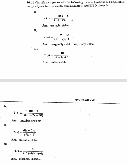 D1.26 Classify the systems with the following transfer functions as being stable,
marginally stable, or unstable, from asymptotic and BIBO viewpoint.
(a)
10(s – 3)
T(s) =
(s + 1)?(s – 3)
Ans. unstable, stable
(b)
2 - 4s
(s2 + 9)(s + 10)
Ans, marginally stable, marginally stable
(c)
10
T(s) =
g2 + 2s + 10
Ans. stable, stable
BLOCK DIAGRAMS
(d)
10s +1
T(s) =
s(s? - 2s + 10)
Ans. unstable, unstable
(e)
4(s + 2)s
T(s)
s2(s +6)
Ans. unstable, stable
(f)
3s
T(s) =
(s + 4)2(s + 6)
Ans. unstable, unstable
