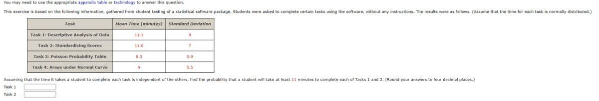 You may need to use the appropriate appendix table or technology to answer this question.
This exercise is based on the following information, gathered from student testing of a statistical software package. Students were asked to complete certain tasks using the software, without any instructions. The results were as follows. (Assume that the time for each task is normally distributed.)
Mean Time (minutes) Standard Deviation
Task
Task 1: Descriptive Analysis of Data
11.1
Task 2: Standardizing Scores
11.6
Task 3: Poisson Probability Table
8.3
Task 4: Areas under Normal Curve
9
7
0.9
5.5
Assuming that the time it takes a student to complete each task is independent of the others, find the probability that a student will take at least 11 minutes to complete each of Tasks 1 and 2. (Round your answers to four decimal places.)
Task 1
Task 2