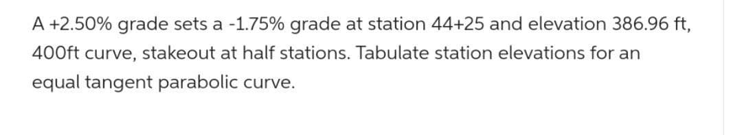 A +2.50% grade sets a -1.75% grade at station 44+25 and elevation 386.96 ft,
400ft curve,
stakeout at half stations. Tabulate station elevations for an
equal tangent parabolic curve.