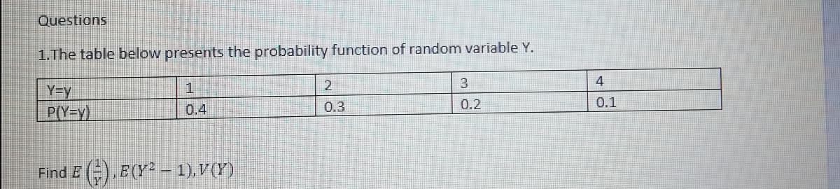 Questions
1.The table below presents the probability function of random variable Y.
1
3
Y3y
P(Y=y).
0.4
0.3
0.2
0.1
Find E ().E(Y² – 1),V(Y)
