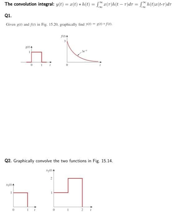 The convolution integral: y(t) = x(t) * h(t) = L" x(7)h(t - T)dr = [ h(t)x(t-ㅜ)dr
Q1.
Given g(t) and f(t) in Fig. 15.20, graphically find_y(t) = g(t) =f(t).
XIA
1
BINA
1
0
0
Q2. Graphically convolve the two functions in Fig. 15.14.
(A
2
1
JOA
3
0
1
2 1