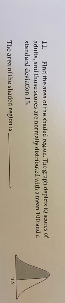 Find the area of the shaded region. The graph depicts IQ scores of
adults, and those scores are normally distributed with a mean 100 and a
11.
standard deviation 15.
The area of the shaded region is
105
