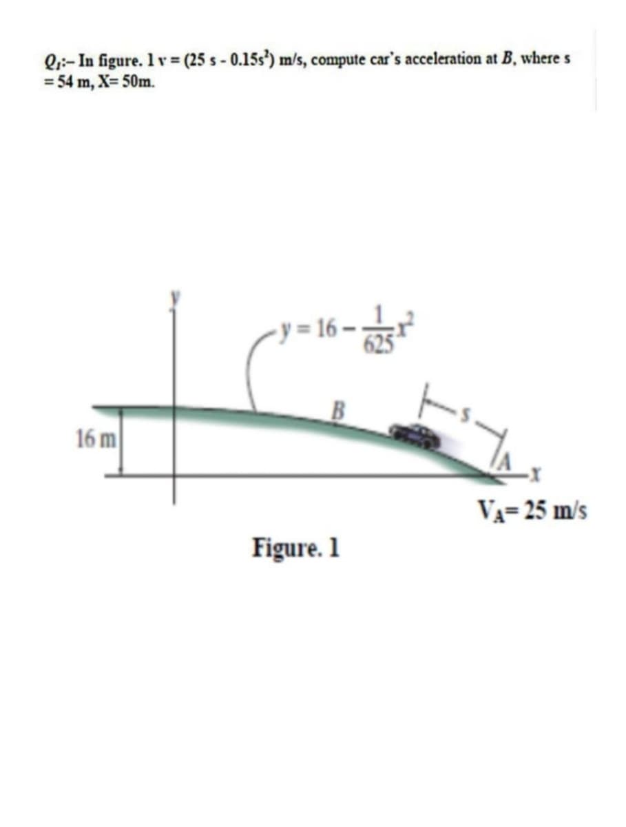 Q-In figure. 1 v = (25 s-0.15s¹) m/s, compute car's acceleration at B, where s
= 54 m, X= 50m.
y=16-
6-6252²
16 m
Figure. 1
VA= 25 m/s