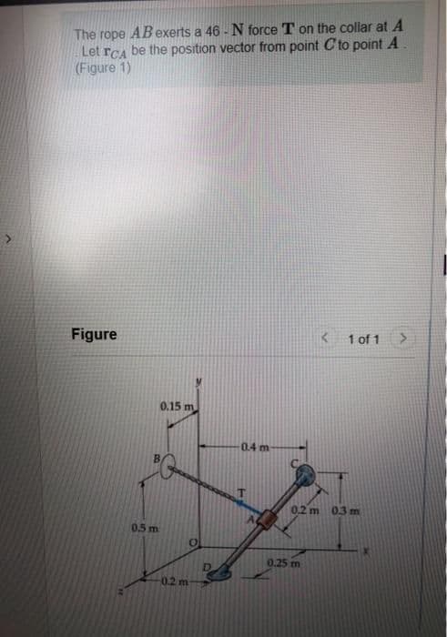 The rope ABexerts a 46 - N force T on the collar at A
Let rCA be the position vector from point C to point A.
(Figure 1)
Figure
K 1 of 1 >
0.15 m
0.4 m
0.2 m 03m
05 m
0.25 m
0.2 m
