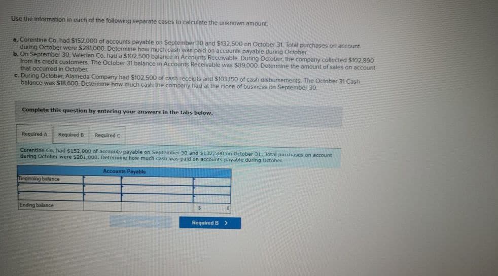 Use the information in each of the following separate cases to calculate the unknown amount.
a. Corentine Co. had $152.000 of accounts payable on September 30 and $132,500 on October 31, Total purchases on account
during October were $281,000. Determine how much cash was paid on accounts payable during October.
b. On September 30, Valerian Co. had a $102,500 balance in Accounts Receivable. During October, the company collected $102,890
from its credit customers. The October 31 balance in Accounts Receivable was $89,000. Determine the amount of sales on account
that occurred October
c. During October, Alameda Company had $102,500 of cash receipts and $103,150 of cash disbursements. The October 31 Cash
balance was $18,600. Determine how much cash the company had at the close of business on September 30.
Complete this question by entering your answers in the tabs below.
Required A Required B Required C
Corentine Co. had $152,000 of accounts payable on September 30 and $132,500 on October 31. Total purchases on account
during October were $281,000. Determine how much cash was paid on accounts payable during October
Accounts Payable
Beginning balance
Ending balance
3 Pen
Required B >