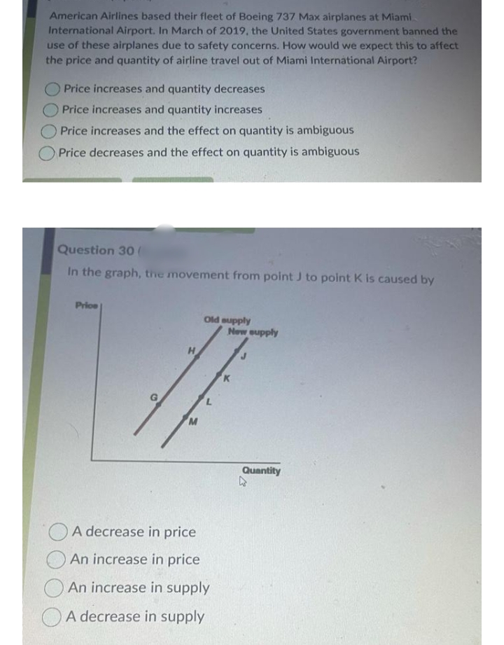 American Airlines based their fleet of Boeing 737 Max airplanes at Miami
International Airport. In March of 2019, the United States government banned the
use of these airplanes due to safety concerns. How would we expect this to affect
the price and quantity of airline travel out of Miami International Airport?
O Price increases and quantity decreases
Price increases and quantity increases
O Price increases and the effect on quantity is ambiguous
Price decreases and the effect on quantity is ambiguous
Question 30(
In the graph, the movement from point J to point K is caused by
Price
Old supply
New eupply
M
Quantity
A decrease in price
An increase in price
An increase in supply
A decrease in supply
