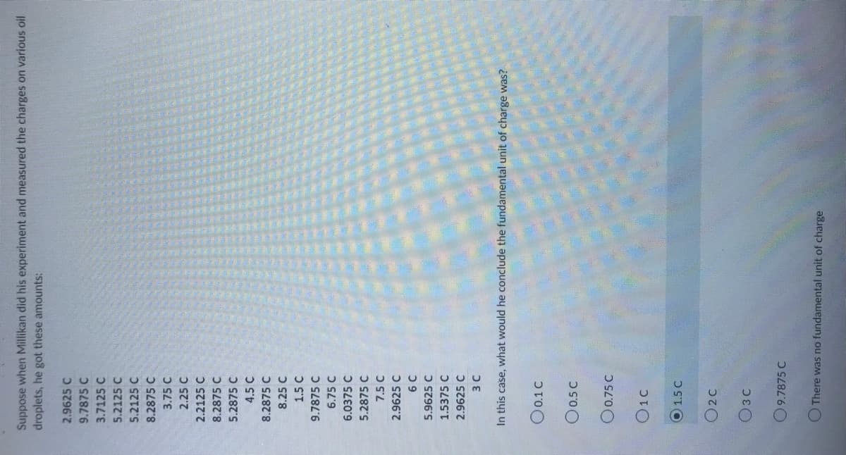 Suppose when Millikan did his experiment and measured the charges on various oil
droplets, he got these amounts:
2.9625 C
9.7875 C
3.7125 C
5.2125 C
5.2125 C
8.2875 C
3.75 C
2.25 C
2.2125 C
8.2875 C
5.2875 C
4.5 C
8.2875 C
8.25 C
1.5 C
9.7875 C
6.75 C
6.0375 C
5.2875 C
7.5 C
2.9625 C
6 C
5.9625 C
1.5375 C
2.9625 C
3 C
In this case, what would he conclude the fundamental unit of charge was?
O 0.1 C
O 0.5 C
0.75 C
01C
O 1.5 C
02C
03C
9.7875 C
There was no fundamental unit of charge