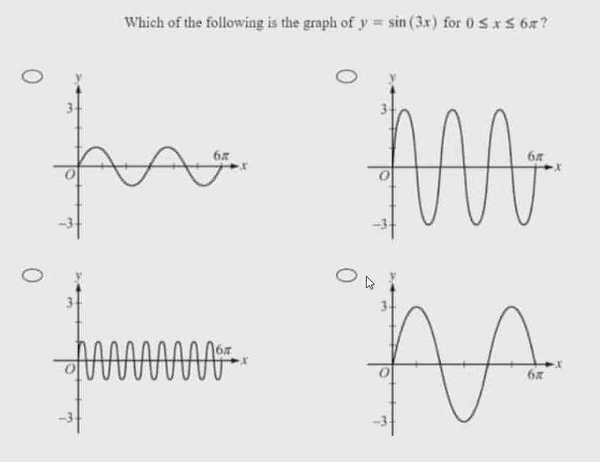 0
3
fo
бл
34
M
Which of the following is the graph of y=sin (3x) for 0 ≤ x ≤ 6m?
-3
www.x
6″
M A
А A
6″