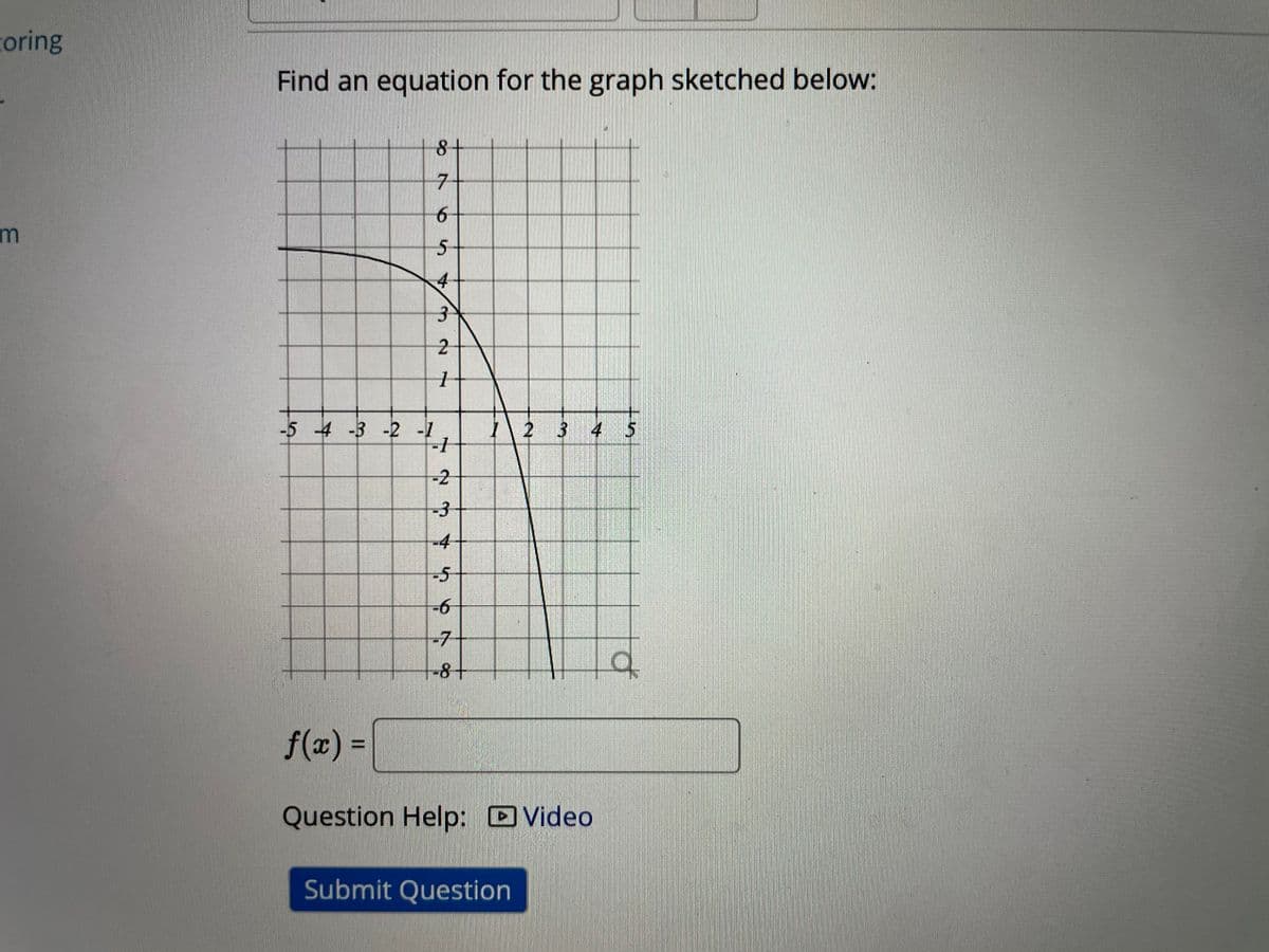 coring
Find an equation for the graph sketched below:
8+
5+
4-
-5 -4 -3 -2
-1,
ハ2
3 4 5
-2
-3
-4
-5
-7
-8+
f(x) =
%3D
Question Help: DVideo
Submit Question
3.
