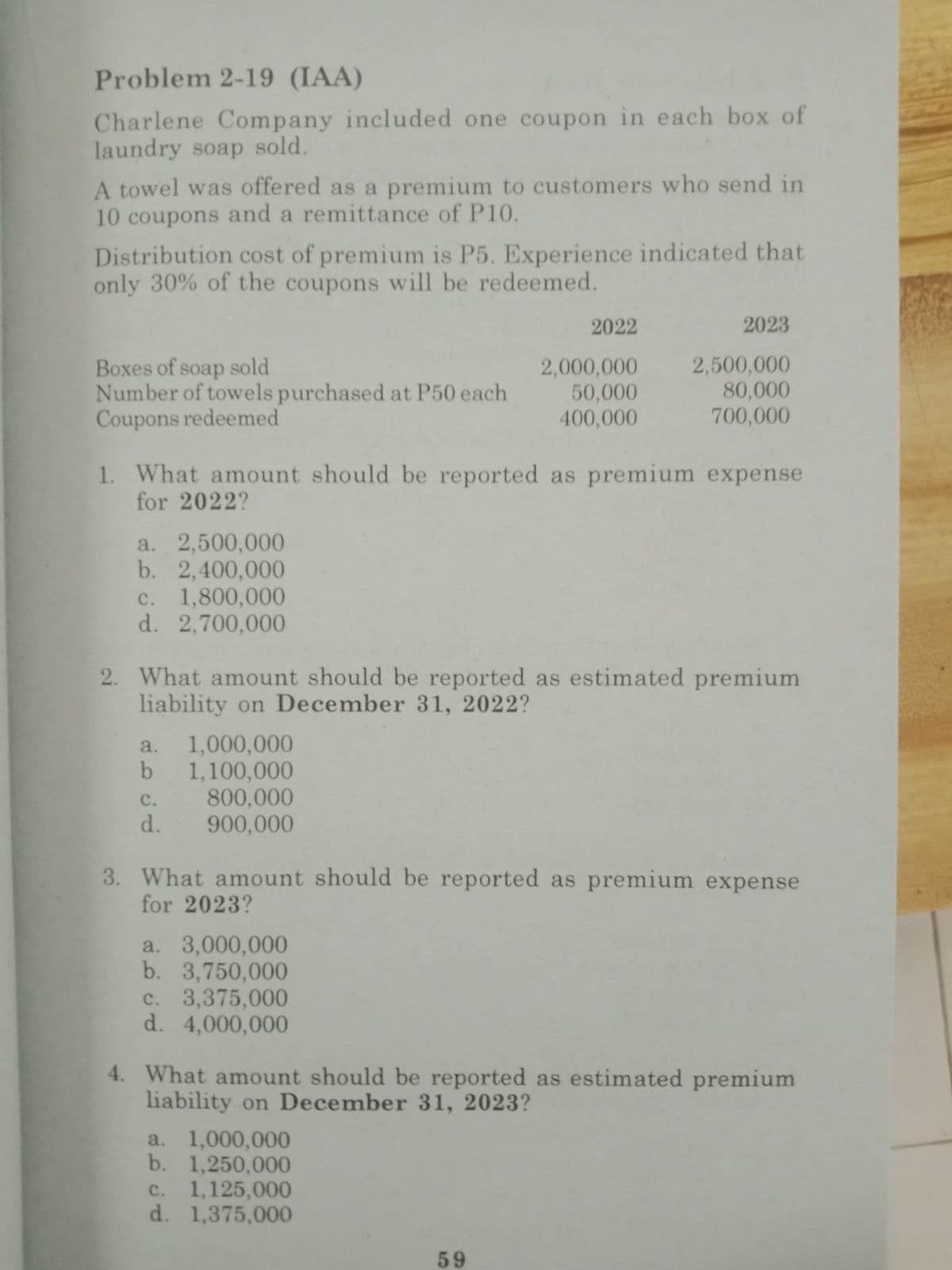 Problem 2-19 (IAA)
Charlene Company included one coupon in each box of
laundry soap sold.
A towel was offered as a premium to customers who send in
10 coupons and a remittance of P10.
Distribution cost of premium is P5. Experience indicated that
only 30% of the coupons will be redeemed.
Boxes of soap sold
Number of towels purchased at P50 each
Coupons redeemed
a. 2,500,000
b. 2,400,000
c. 1,800,000
d. 2,700,000
1. What amount should be reported as premium expense
for 2022?
a. 1,000,000
b 1,100,000
C.
800,000
d. 900,000
a. 3,000,000
b. 3,750,000
2. What amount should be reported as estimated premium
liability on December 31, 2022?
c. 3,375,000
d. 4,000,000
2022
2,000,000
50,000
400,000
3. What amount should be reported as premium expense
for 2023?
a. 1,000,000
b. 1,250,000
2023
c. 1,125,000
d. 1,375,000
2,500,000
80,000
700,000
59
4. What amount should be reported as estimated premium
liability on December 31, 2023?