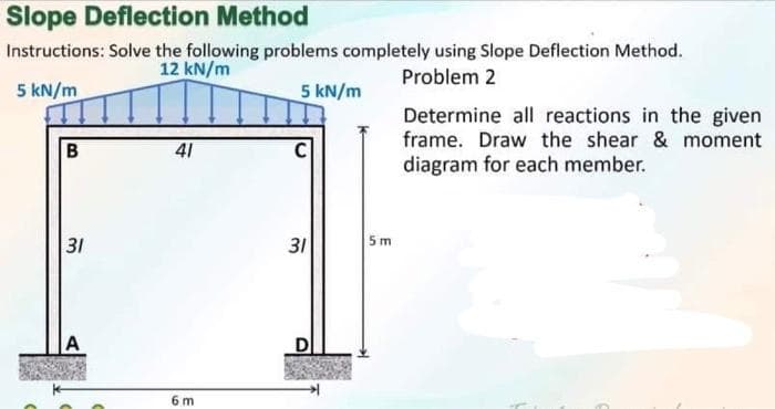 Slope Deflection Method
Instructions: Solve the following problems completely using Slope Deflection Method.
12 kN/m
Problem 2
5 kN/m
5 kN/m
B
31
41
6m
31
5 m
Determine all reactions in the given
frame. Draw the shear & moment
diagram for each member.