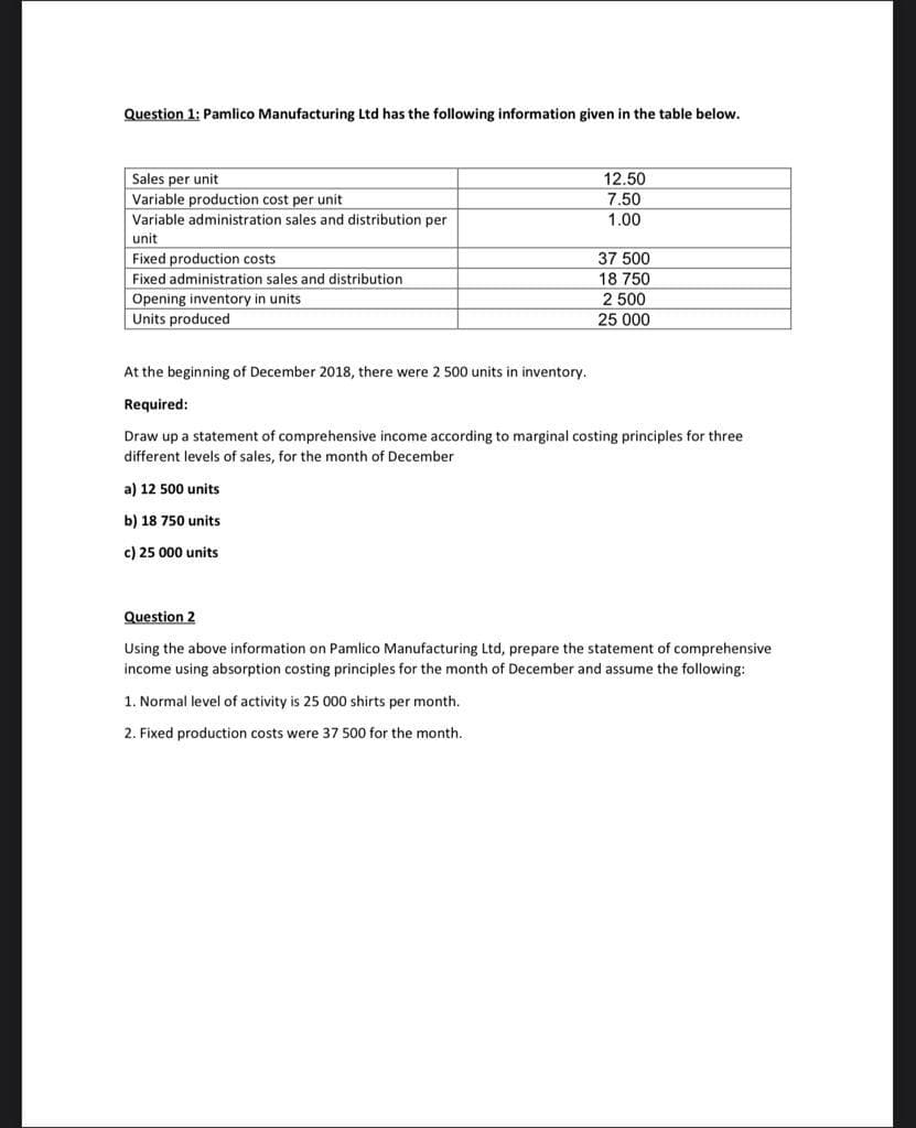 Question 1: Pamlico Manufacturing Ltd has the following information given in the table below.
Sales per unit
Variable production cost per unit
12.50
7.50
Variable administration sales and distribution per
1.00
unit
Fixed production costs
37 500
Fixed administration sales and distribution
18 750
Opening inventory in units
Units produced
2 500
25 000
At the beginning of December 2018, there were 2 500 units in inventory.
Required:
Draw up a statement of comprehensive income according to marginal costing principles for three
different levels of sales, for the month of December
a) 12 500 units
b) 18 750 units
c) 25 000 units
Question 2
Using the above information on Pamlico Manufacturing Ltd, prepare the statement of comprehensive
income using absorption costing principles for the month of December and assume the following:
1. Normal level of activity is 25 000 shirts per month.
2. Fixed production costs were 37 500 for the month.
