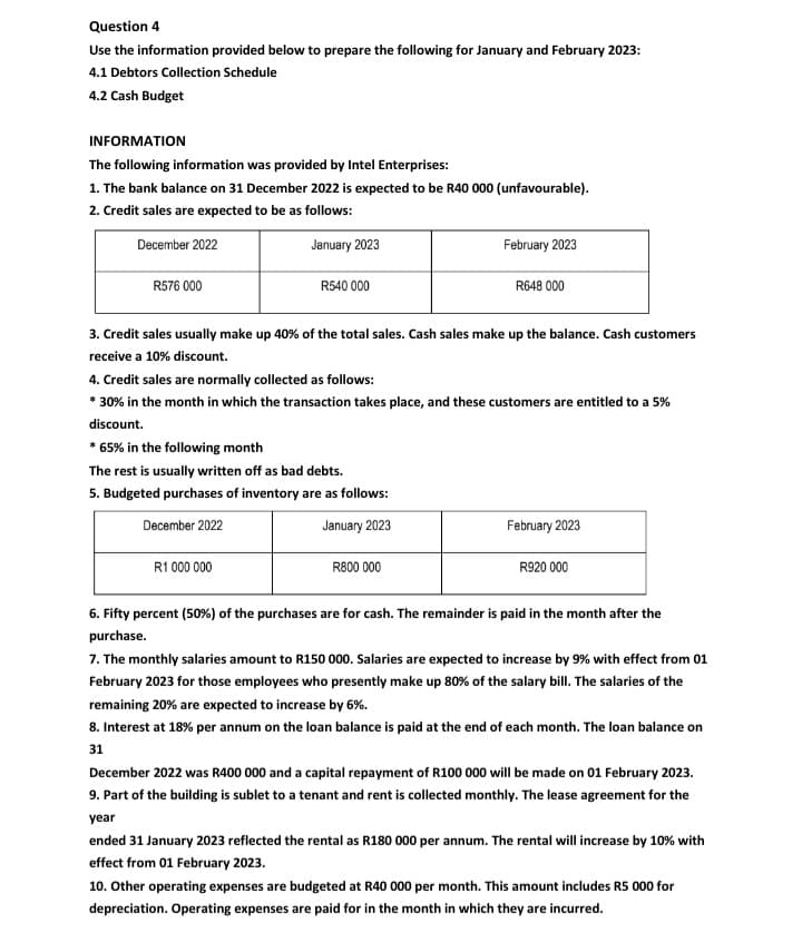 Question 4
Use the information provided below to prepare the following for January and February 2023:
4.1 Debtors Collection Schedule
4.2 Cash Budget
INFORMATION
The following information was provided by Intel Enterprises:
1. The bank balance on 31 December 2022 is expected to be R40 000 (unfavourable).
2. Credit sales are expected to be as follows:
December 2022
January 2023
R576 000
R540 000
3. Credit sales usually make up 40% of the total sales. Cash sales make up the balance. Cash customers
receive a 10% discount.
* 65% in the following month
The rest is usually written off as bad debts.
5. Budgeted purchases of inventory are as follows:
December 2022
January 2023
R1 000 000
February 2023
4. Credit sales are normally collected as follows:
* 30% in the month in which the transaction takes place, and these customers are entitled to a 5%
discount.
R648 000
R800 000
February 2023
R920 000
6. Fifty percent (50%) of the purchases are for cash. The remainder is paid in the month after the
purchase.
7. The monthly salaries amount to R150 000. Salaries are expected to increase by 9% with effect from 01
February 2023 for those employees who presently make up 80% of the salary bill. The salaries of the
remaining 20% are expected to increase by 6%.
8. Interest at 18% per annum on the loan balance is paid at the end of each month. The loan balance on
31
December 2022 was R400 000 and a capital repayment of R100 000 will be made on 01 February 2023.
9. Part of the building is sublet to a tenant and rent is collected monthly. The lease agreement for the
year
ended 31 January 2023 reflected the rental as R180 000 per annum. The rental will increase by 10% with
effect from 01 February 2023.
10. Other operating expenses are budgeted at R40 000 per month. This amount includes R5 000 for
depreciation. Operating expenses are paid for in the month in which they are incurred.