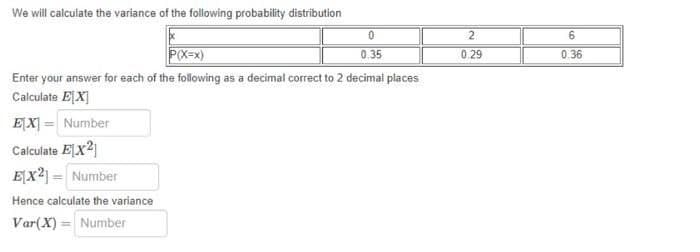 We will calculate the variance of the following probability distribution
0
0.35
P(X=x)
Enter your answer for each of the following as a decimal correct to 2 decimal places
Calculate EX]
EX] = Number
Calculate ELX²
E|X2| = Number
Hence calculate the variance
Var(X) = Number
2
0.29
6
0.36