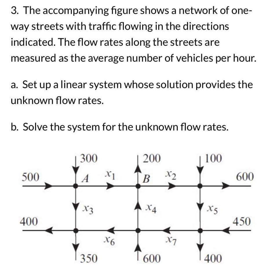 3. The accompanying figure shows a network of one-
way streets with traffic flowing in the directions
indicated. The flow rates along the streets are
measured as the average number of vehicles per hour.
a. Set up a linear system whose solution provides the
unknown flow rates.
b. Solve the system for the unknown flow rates.
500
400
300
A
x3
350
X1
X6
200
B
X4
600
x2
X7
100
X5
400
600
450