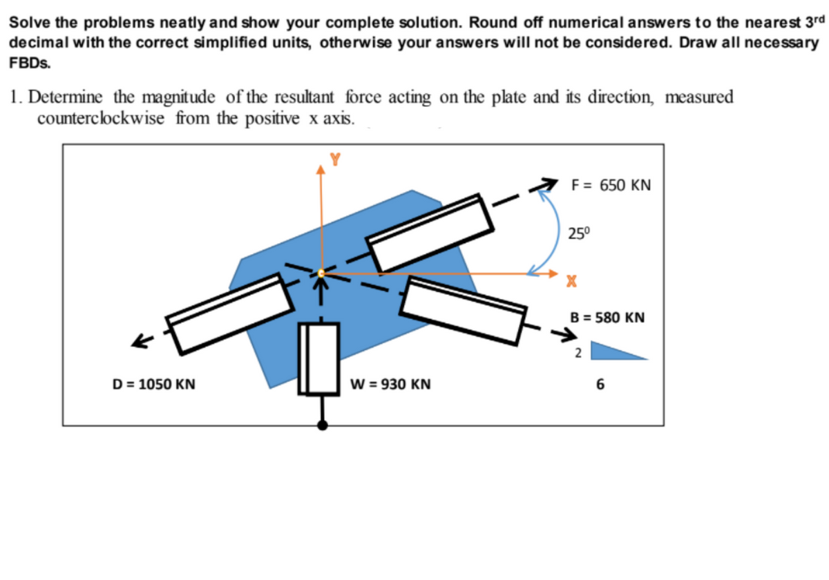 Solve the problems neatly and show your complete solution. Round off numerical answers to the nearest 3rd
decimal with the correct simplified units, otherwise your answers will not be considered. Draw all necessary
FBDS.
1. Determine the magnitude of the resultant force acting on the plate and its direction, measured
counterclockwise from the positive x axis.
a F = 650 KN
250
B = 580 KN
2
D = 1050 KN
W = 930 KN
