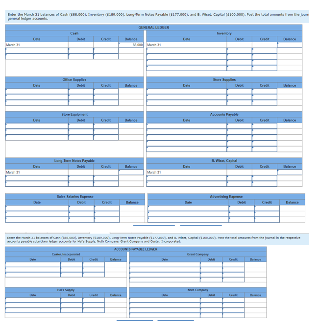 Enter the March 31 balances of Cash ($88,000), Inventory ($189,000), Long-Term Notes Payable ($177,000), and B. Wiset, Capital ($100,000). Post the total amounts from the journ
general ledger accounts.
March 31
March 31
Date
Date
Date
Date
Date
Date
Cash
Date
Debit
Office Supplies
Debit
Store Equipment
Debit
Long-Term Notes Payable
Debit
Sales Salaries Expense
Debit
Custer, Incorporated
Debit
Hal's Supply
Debi
Credit
Credit
Credit
Credit
Credit
Credit
Credit
Balance
Balance
Balance
88,000 March 31
Balance
Balance
GENERAL LEDGER
Balance
Balance
March 31
Date
Date
Da
Date
Date
Date
Date
Grant Company
Noth Company
Inventory
Store Supplies
Debit
Accounts Payable
Debit
Debit
B. Wiset, Capital
Debit
Debit
Enter the March 31 balances of Cash ($88,000), Inventory ($109,000), Long-Term Notes Payable ($177,000), and B. Wiset, Capital ($100,000). Post the total amounts from the journal in the respective
accounts payable subsidiary ledger accounts for Hal's Supply, Noth Company, Grant Company and Custer, Incorporated.
ACCOUNTS PAYABLE LEDGER
Advertising Expense
Debit
Debit
Credit
Credit
Credit
Credit
Credit
Credit
Balance
Credit
Balance
Balance
Balance
Balance
Balance
Balance