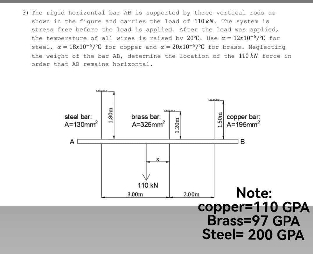 3) The rigid horizontal bar AB is supported by three vertical rods as
shown in the figure and carries the load of 110 kN. The system is
stress free before the load is applied. After the load was applied,
the temperature of all wires is raised by 20°C. Use a = 12x10-6/°C for
steel, a = 18x10-6/°C for copper and a = 20x10-6/°C_for brass. Neglecting
the weight of the bar AB, determine the location of the 110 kN force in
order that AB remains horizontal.
copper bar:
A=195mm?
steel bar:
brass bar:
A=130mm?
A=325mm
A D
110 kN
Note:
copper=110 GPA
Brass=97 GPA
Steel= 200 GPA
3.00m
2.00m
1.80m
1.20m
1.50m
