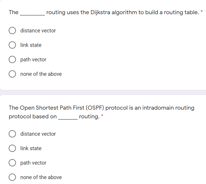 The
routing uses the Dijkstra algorithm to build a routing table.
distance vector
link state
path vector
none of the above
The Open Shortest Path First (OSPF) protocol is an intradomain routing
protocol based on
routing. *
distance vector
link state
path vector
none of the above
