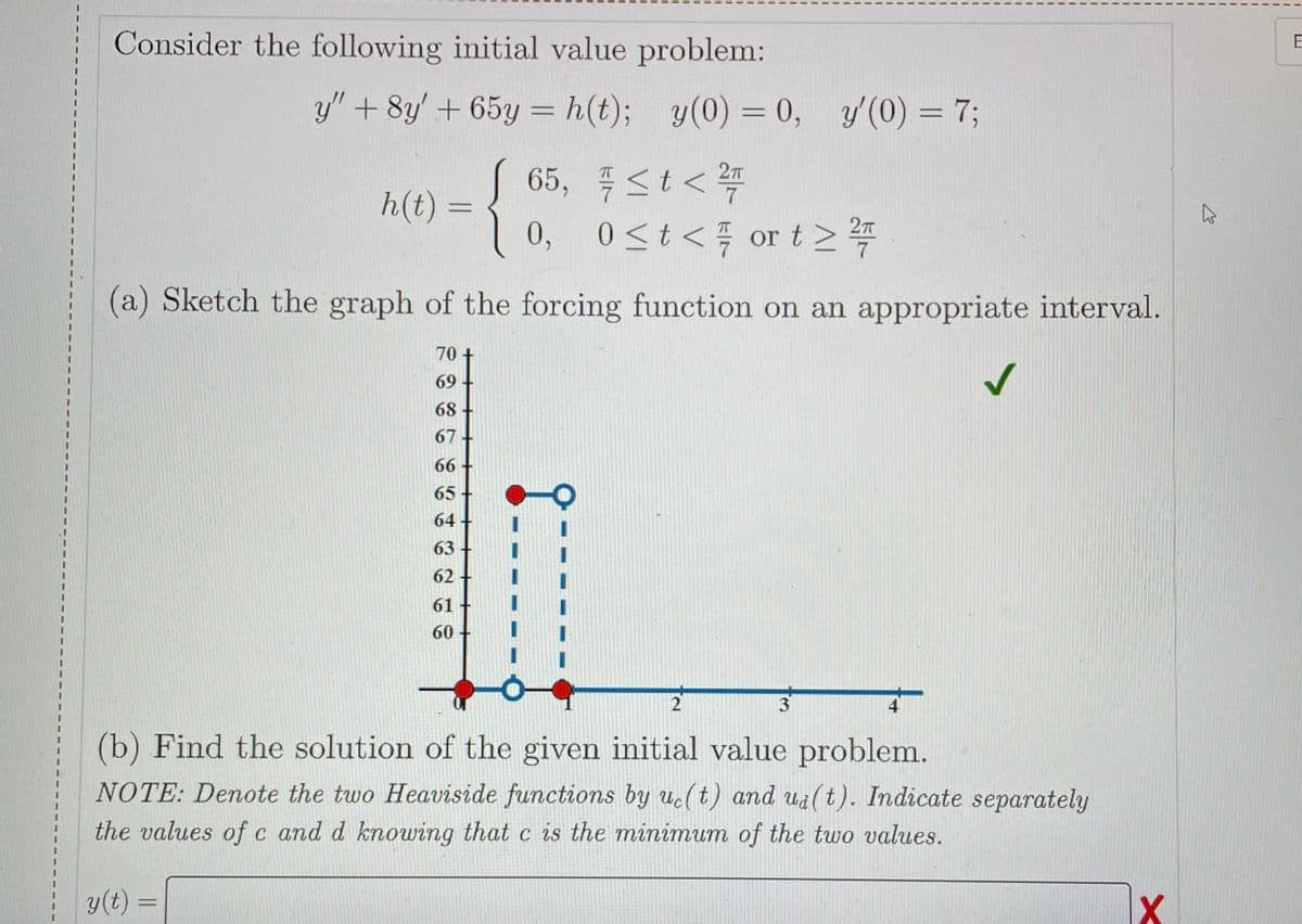 Consider the following initial value problem:
E
y" + 8y' + 65y = h(t); y(0) = 0,
y'(0) = 7;
S 65, <t<
0, 0<t< or t>
27T
h(t) =
27
(a) Sketch the graph of the forcing function on an appropriate interval.
70 +
69
68
67+
66
65-
64-
63
62
61
60
4
(b) Find the solution of the given initial value problem.
NOTE: Denote the two Heaviside functions by uc(t) and ud(t). Indicate separately
the values ofc and d knowing that c is the minimum of the two values.
y(t) =
X
