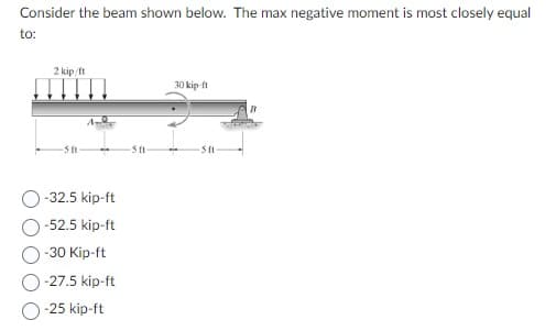 Consider the beam shown below. The max negative moment is most closely equal
to:
2 kip/ft
-32.5 kip-ft
-52.5 kip-ft
-30 Kip-ft
-27.5 kip-ft
-25 kip-ft
30 kip-ft
-5 11
B