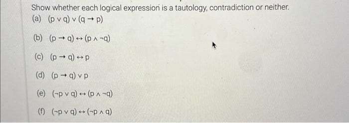 Show whether each logical expression is a tautology, contradiction or neither.
(a) (pvq) v (q→ p)
(b) (pq) → (p ^ ¬q)
(c) (p-a) p
(d) (p→q) v p
(e) (-pv q) → (p^ -q)
(f) (pvq)+(-p^ q)