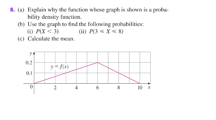 8. (a) Explain why the function whose graph is shown is a proba-
bility density function.
(b) Use the graph to find the following probabilities:
(i) P(X < 3)
(c) Calculate the mean.
(ii) P(3 < X 8)
yA
(0.2
y = f(x)
0.1
10
6
4.
