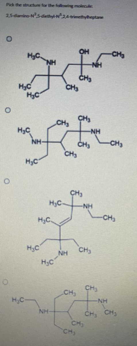 Pick the structure for the following molecule
2,5-diamino-N5-diethyl-N 2,4-trimethylheptane
OH
CH3
H3C.
NH
NH
H3C
H3C
CH3
CH3
CH3
H3C
NH
NH-
CH3
CH,
H3C
CH3
H3C-
-NH
CH3
H3C.
H3C
CH,
NH
H3C
CH
CH3
H,C-
NH
NH
CH CH3
CH3
CH,
