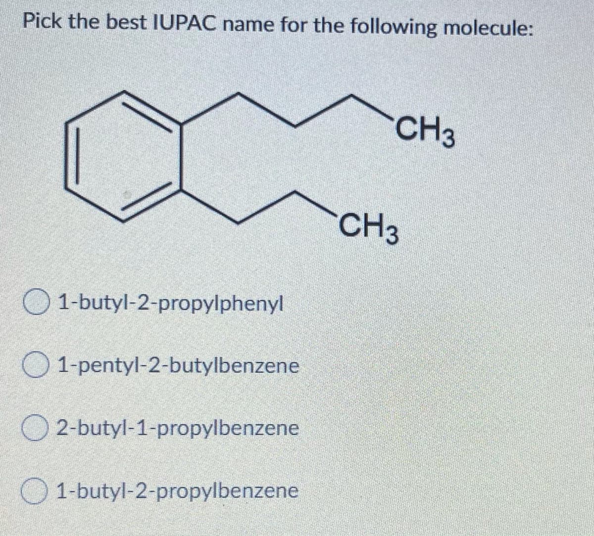 Pick the best IUPAC name for the following molecule:
CH3
CH3
O 1-butyl-2-propylphenyl
1-pentyl-2-butylbenzene
O 2-butyl-1-propylbenzene
O 1-butyl-2-propylbenzene
