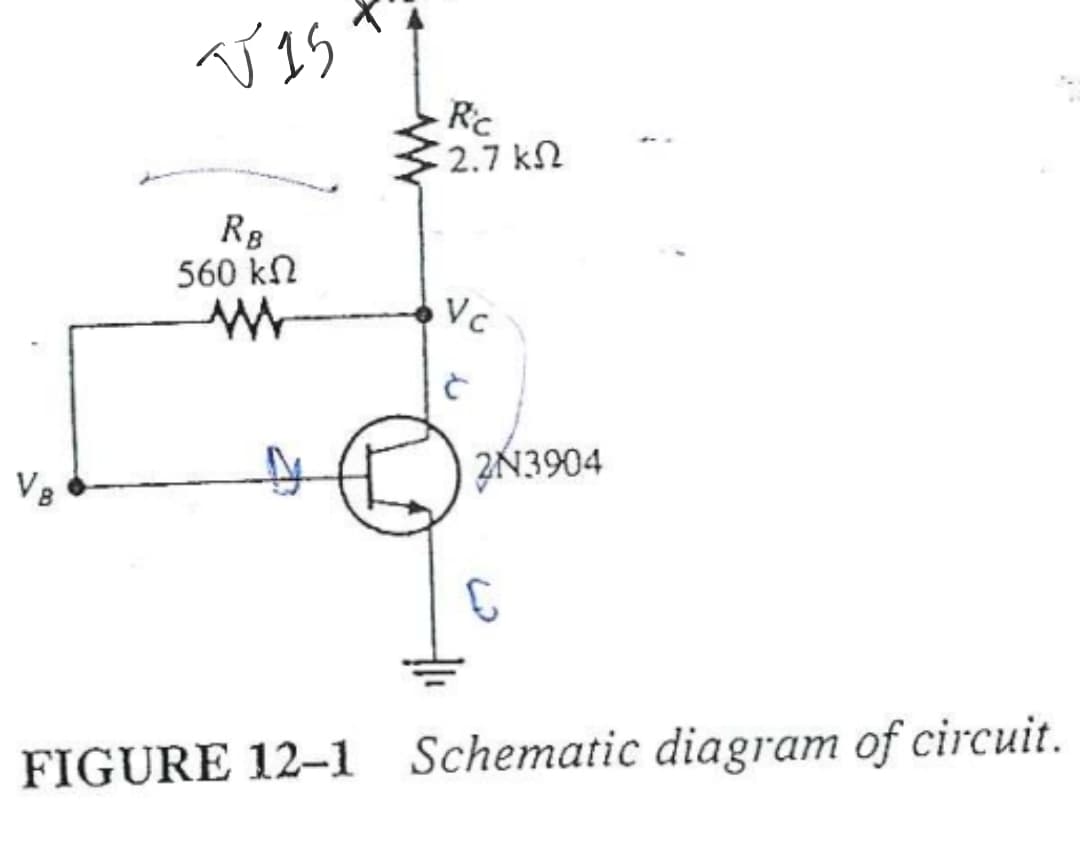 Rc
32.7 kN
RB
560 kn
Vc
2N3904
V8
FIGURE 12-1 Schematic diagram of circuit.
