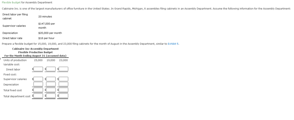 Flexible Budget for Assembly Department
Cabinaire Inc. is one of the largest manufacturers of office furniture in the United States. In Grand Rapids, Michigan, it assembles filing cabinets in an Assembly Department. Assume the following information for the Assembly Department:
Direct labor per filing.
cabinet
Supervisor salaries
$147,000 per
month
Depreciation
$20,000 per month
Direct labor rate
$18 per hour
Prepare a flexible budget for 15,000, 19,000, and 23,000 filing cabinets for the month of August in the Assembly Department, similar to Exhibit 5.
Cabinaire Inc-Assembly Department
Flexible Production Budget
For the Month Ending August 31 (assumed data)
15,000 19,000 23,000
Units of production
Variable cost:
Direct labor
$
Fixed cost:
Supervisor salaries $
Depreciation
Total fixed cost
Total department cost
20 minutes
$
$
$
$
$
$
$
2000
$
$
$