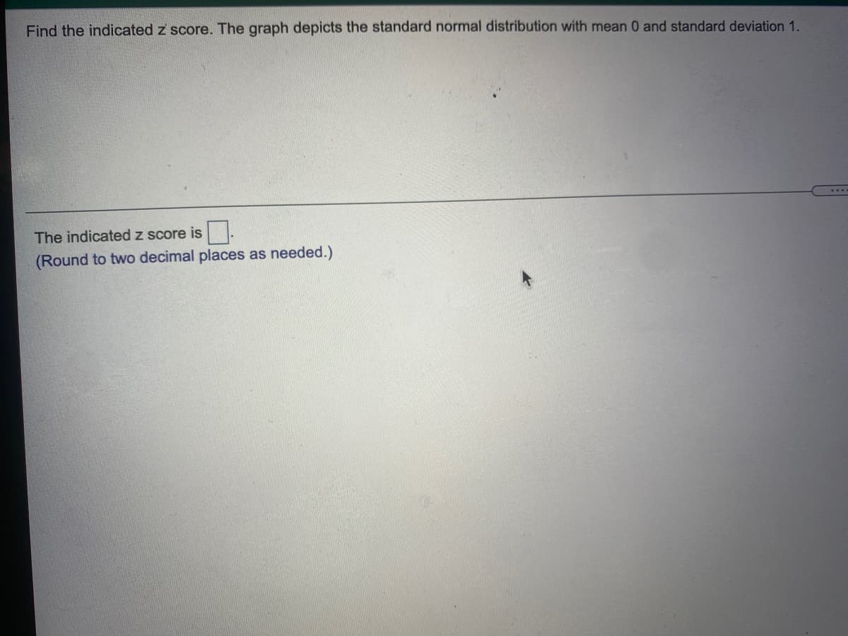 Find the indicated z score. The graph depicts the standard normal distribution with mean 0 and standard deviation 1.
The indicated z score is
(Round to two decimal places as needed.)
