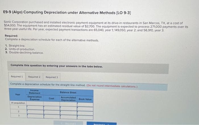 E9-9 (Algo) Computing Depreciation under Alternative Methods [LO 9-3]
Sonic Corporation purchased and installed electronic payment equipment at its drive-in restaurants in San Marcos, TX, at a cost of
$54,000. The equipment has an estimated residual value of $2,700. The equipment is expected to process 271,000 payments over its
three-year useful life. Per year, expected payment transactions are 65,040, year 1; 149,050, year 2: and 56,910, year 3.
Required:
Complete a depreciation schedule for each of the alternative methods.
1. Straight-line.
2. Units-of-production.
3. Double-declining-balance.
Complete this question by entering your answers in the tabs below.
Required 1 Required 2 Required 3
Complete a depreciation schedule for the straight-line method. (Do not round intermediate calculations.)
Income
Statement
Depreciation
Expense
Year
At acquisition
1
2
3
Cost
Balance Sheet
Accumulated
Depreciation
Book Value