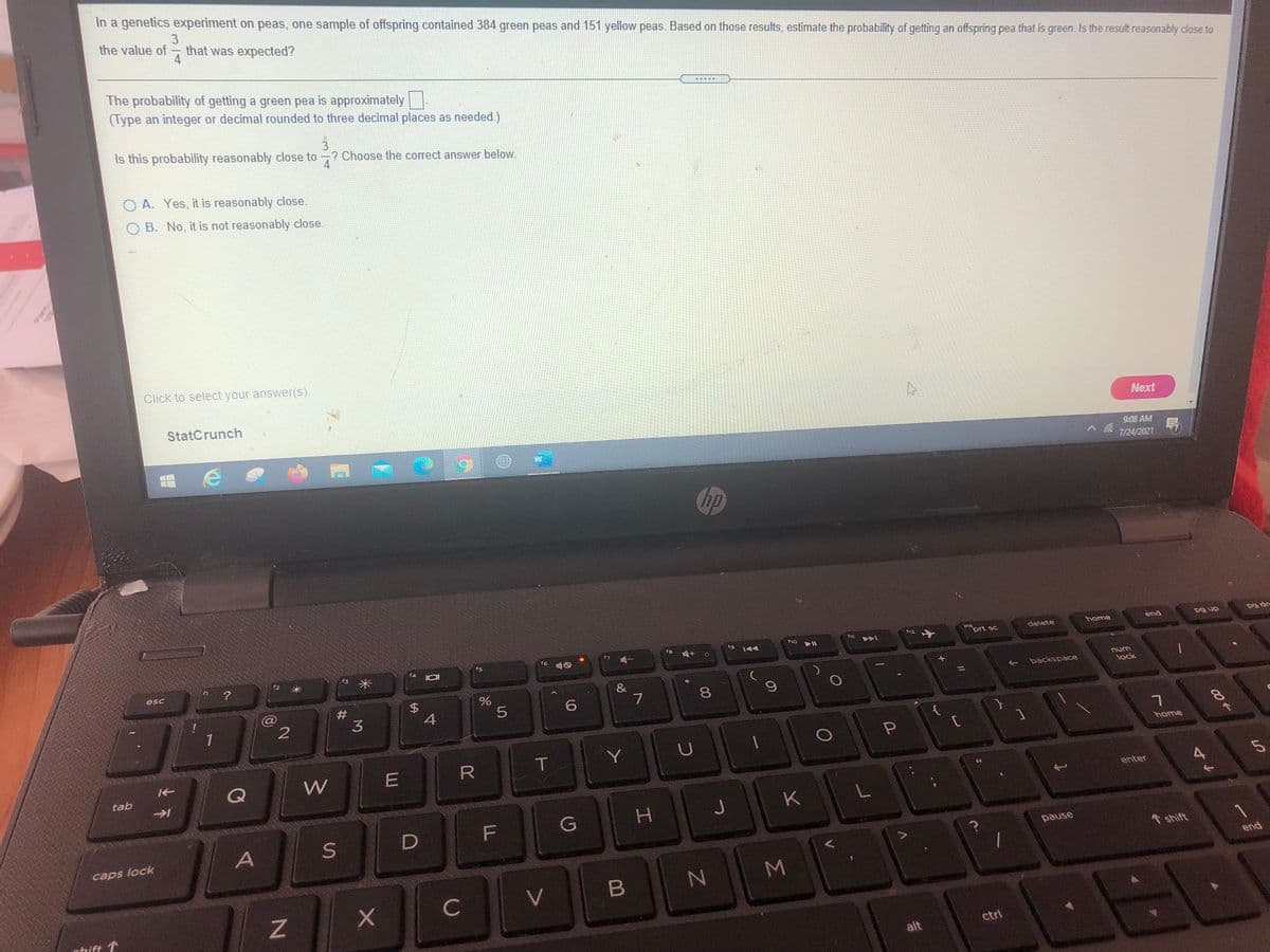 In a genetics experiment on peas, one sample of offspring contained 384 green peas and 151 yellow peas. Based on those results, estimate the probability of getting an offspring pea that is green. Is the result reasonably close to
3.
the value of
that was expected?
4
The probability of getting a green pea is approximately
(Type an integer or decimal rounded to three decimal places as needed.)
Is this probability reasonably close to -? Choose the correct answer below.
O A. Yes, it is reasonably close.
O B. No, it is not reasonably close.
Click to select your answer(s).
StatCrunch
Next
9:08 AM
7/24/2021
hp
ins
prt sc
end
pg up
(12
delete
home
19 |44
f10
f8
f5
f6
esc
num
&
backspace
lock
8.
23
3
7
4.
1
{
home
Y
Q
W
E
tab
enter
H.
J
K
F
A
caps lock
pause
shift
end
C
V
chift T
ctrl
alt
Σ
%24
