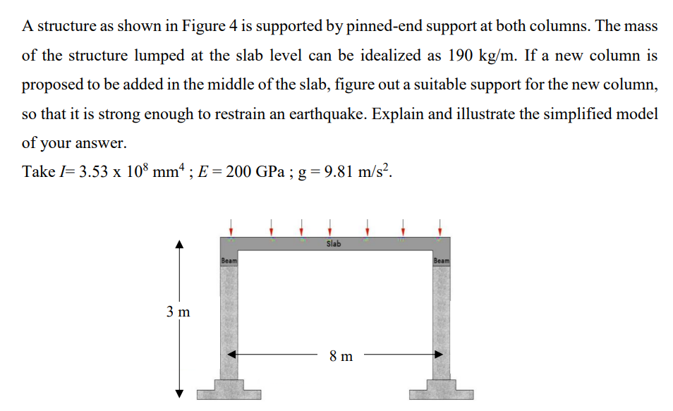 A structure as shown in Figure 4 is supported by pinned-end support at both columns. The mass
of the structure lumped at the slab level can be idealized as 190 kg/m. If a new column is
proposed to be added in the middle of the slab, figure out a suitable support for the new column,
so that it is strong enough to restrain an earthquake. Explain and illustrate the simplified model
of your answer.
Take I= 3.53 x 108 mmª ; E = 200 GPa ; g = 9.81 m/s².
3 m
Beam
Slab
8 m
Beam